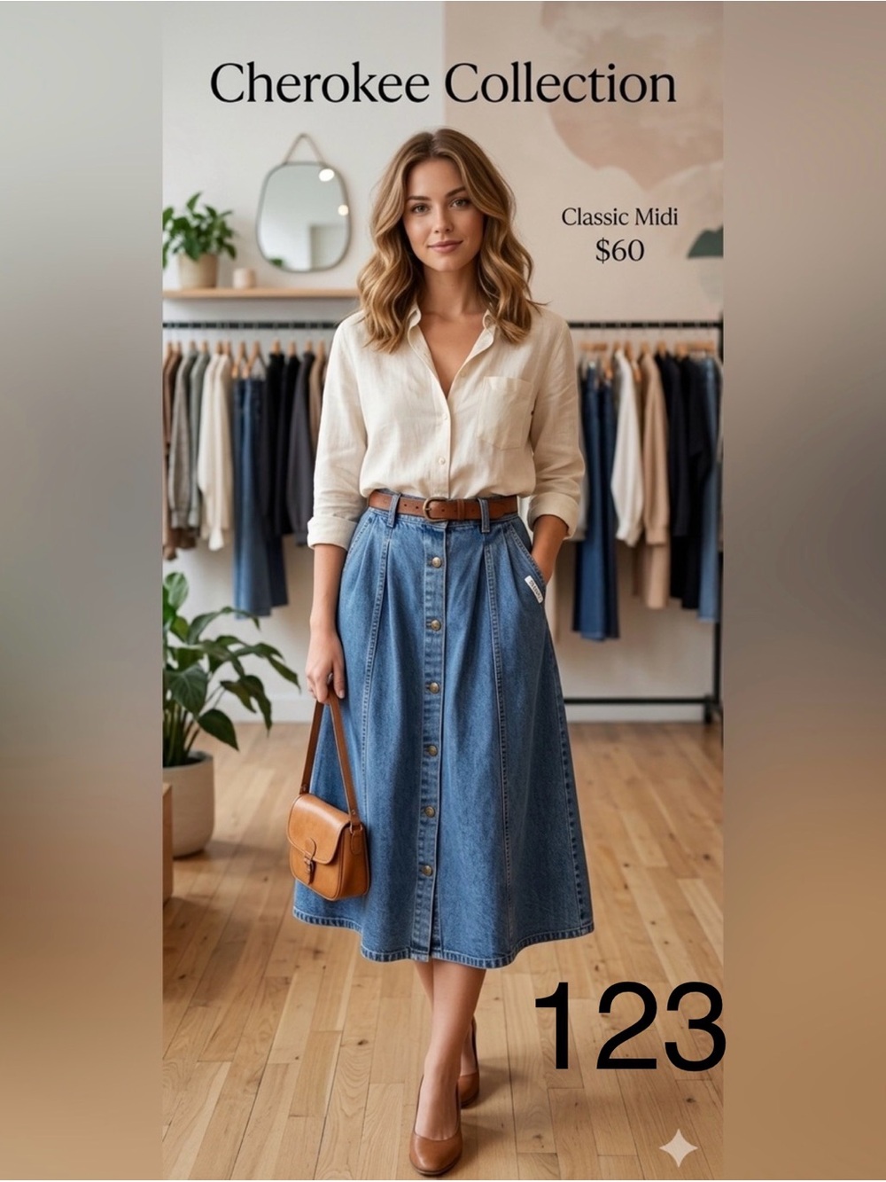 Vintage Classic Blue Denim Button-Front Midi Skirt